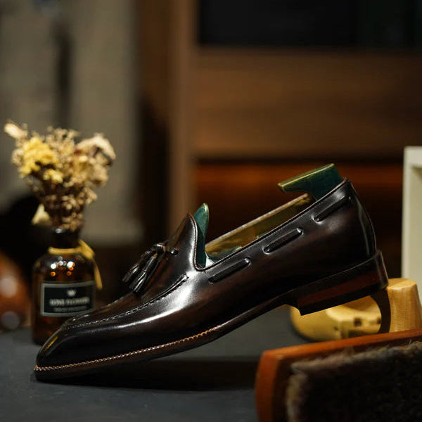 Handmade dark brown leather tassel loafers men elegant office wear