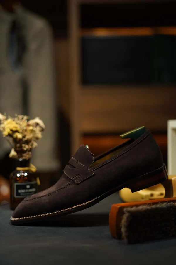 HolloShoe Hand-Made Dark Brown Suede Penny Loafers