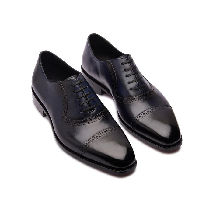 Hand-welted Balmoral Oxfords in navy & maroon museum calf – side view