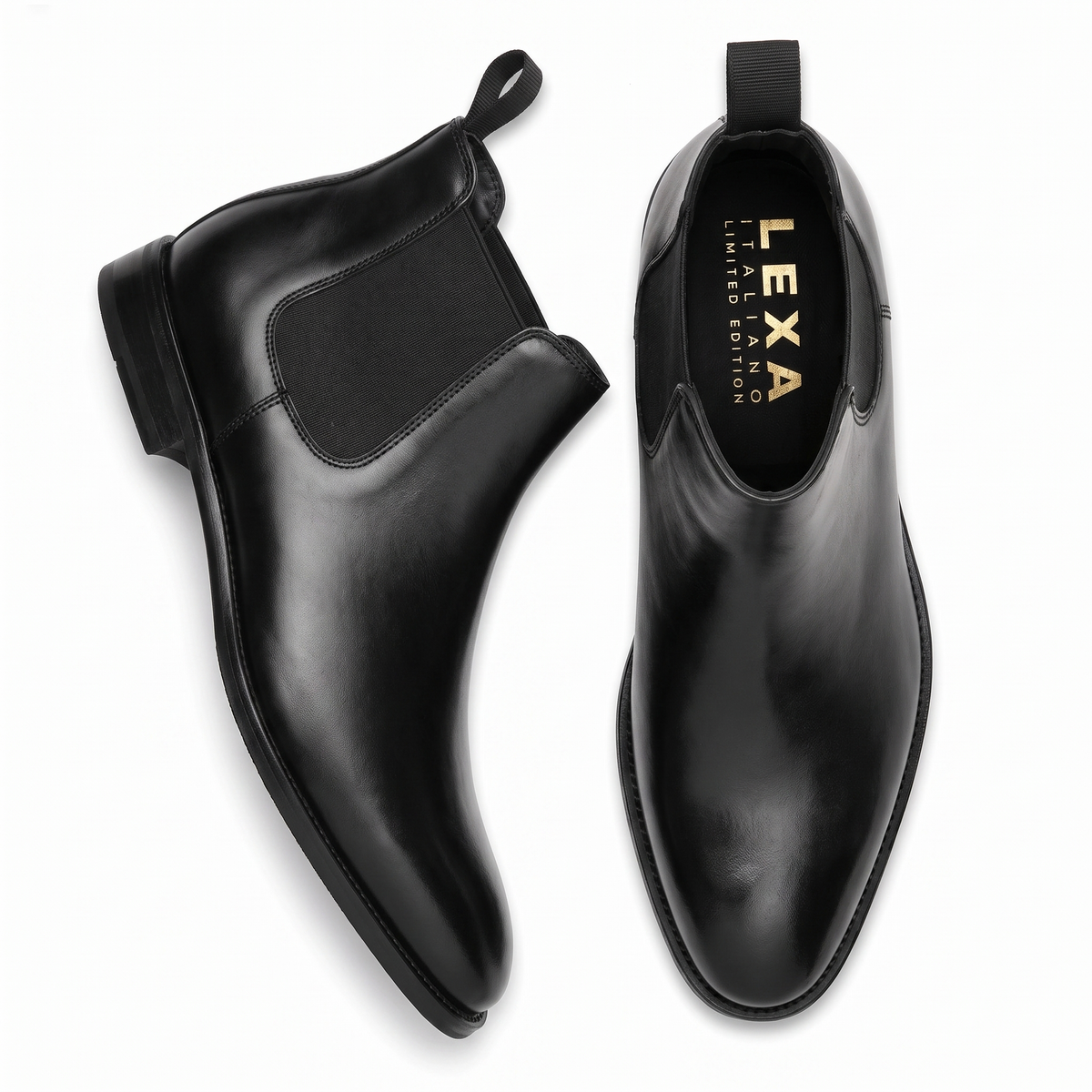Black leather Chelsea boots pair top and side view