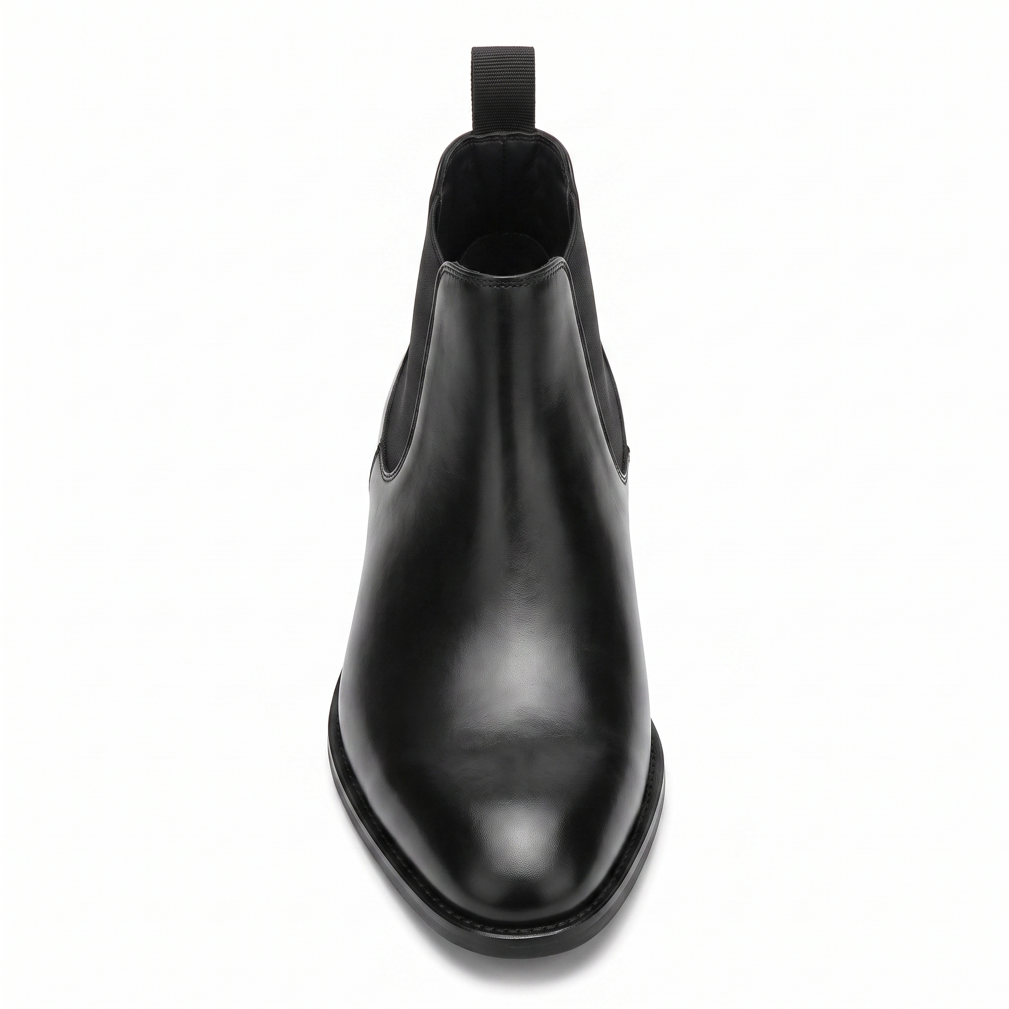 Black leather Chelsea boots front close-up
