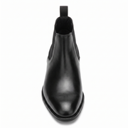 Black leather Chelsea boots front close-up