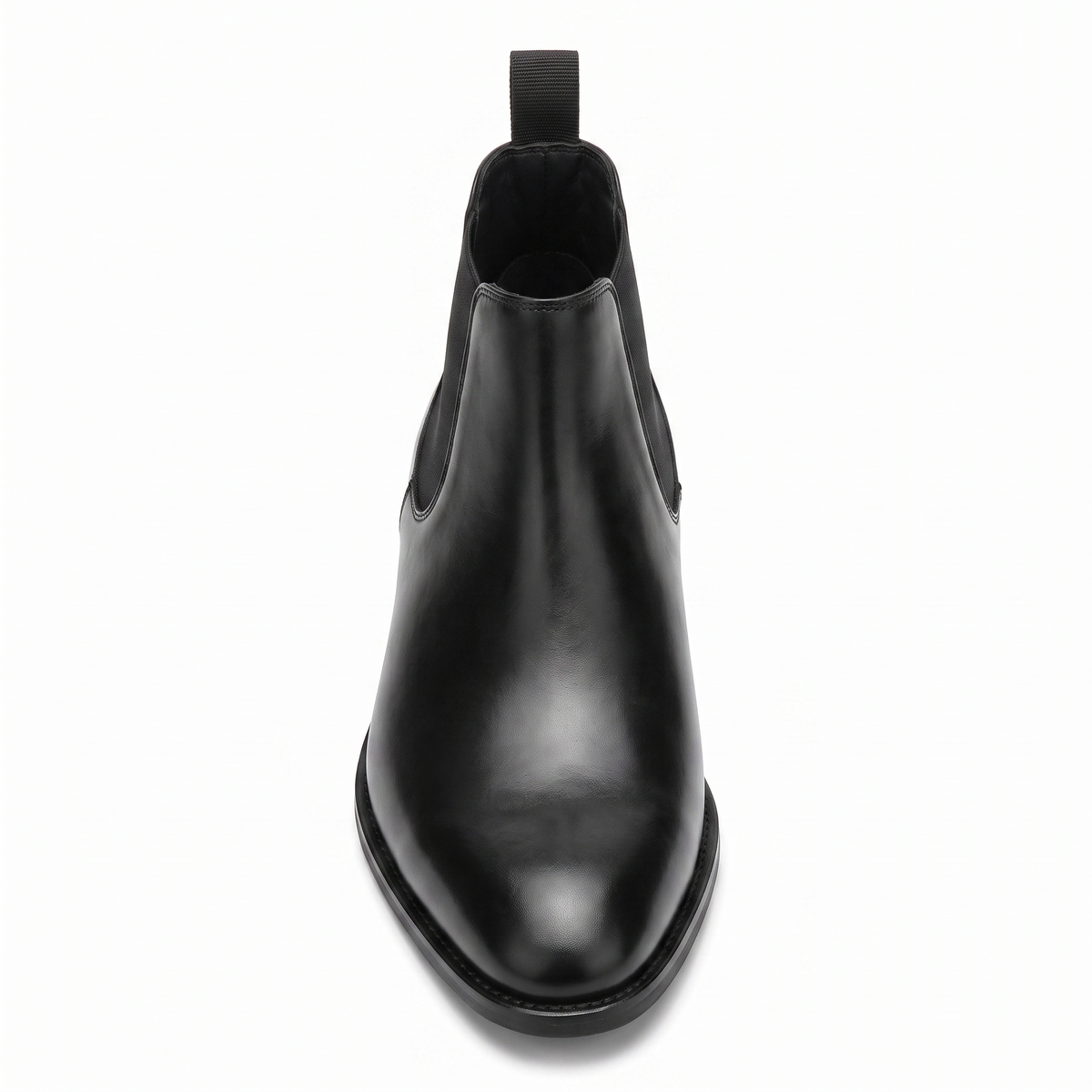 Black leather Chelsea boots front close-up