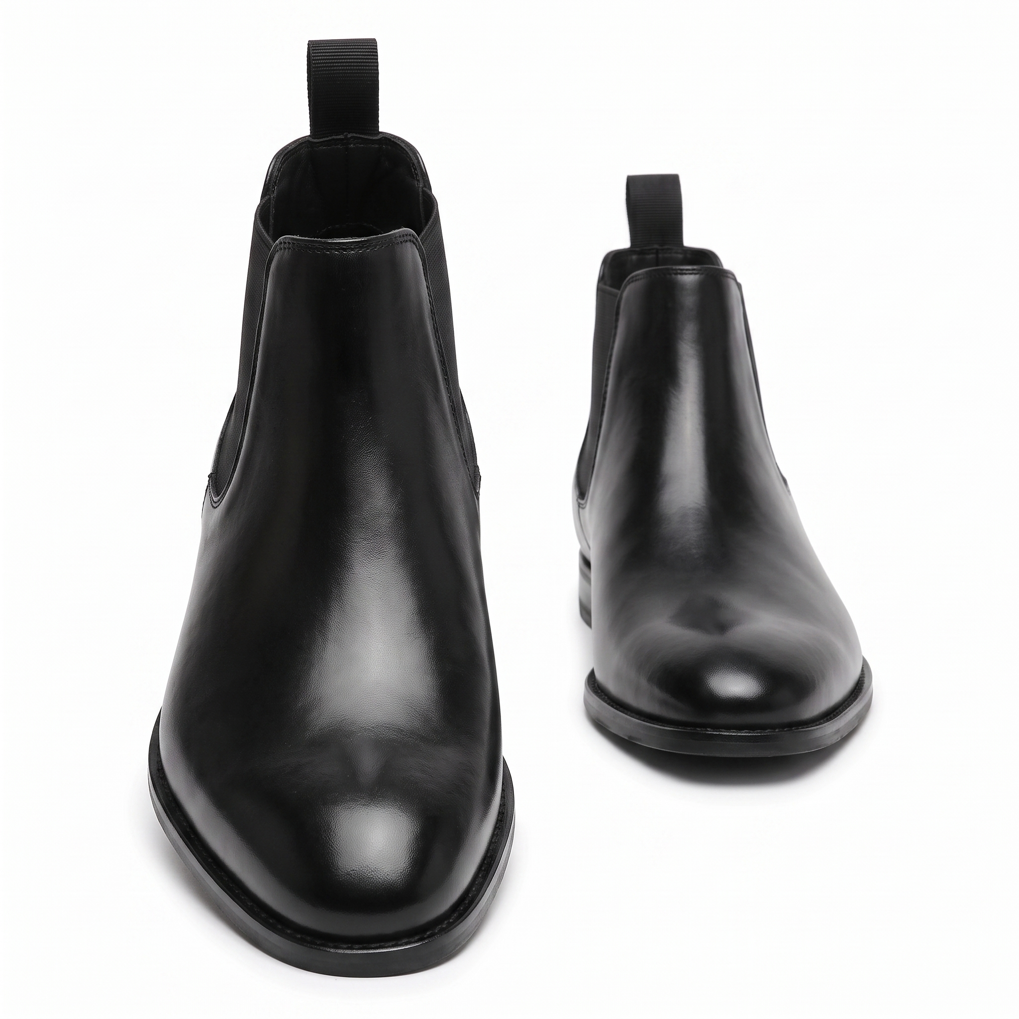 Black leather Chelsea boots front and side view