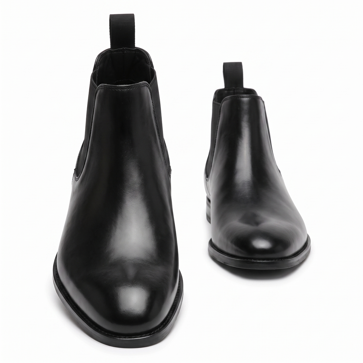 Black leather Chelsea boots front and side view