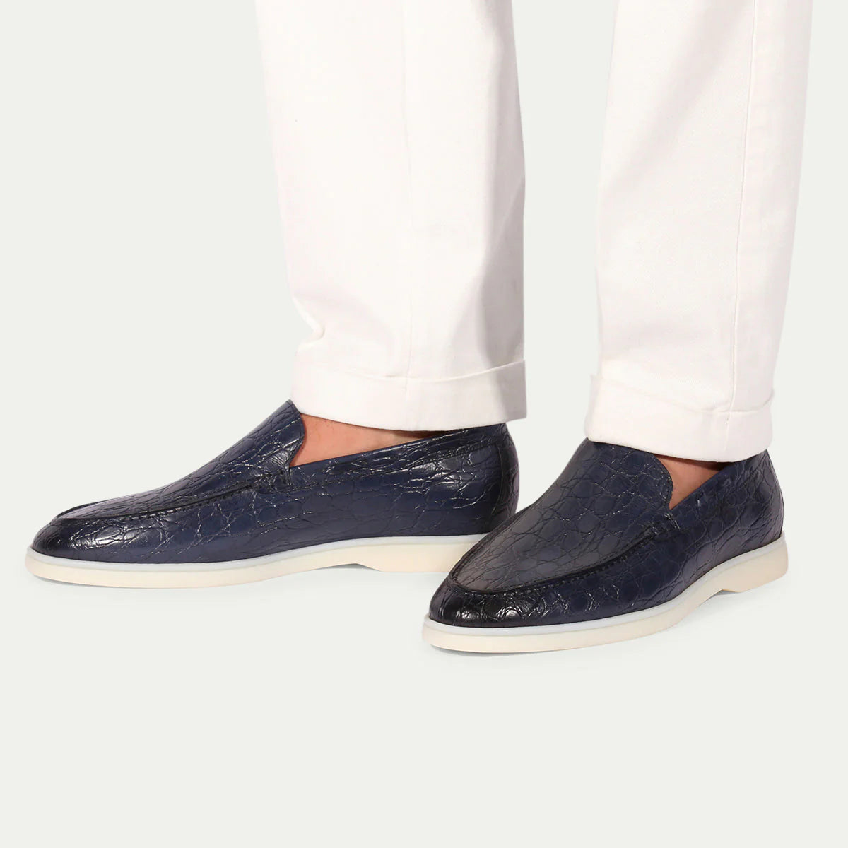 Navy Blue Croc Print Leather Athena Yatch Loafers with White Soles - Summer 2025 Collection