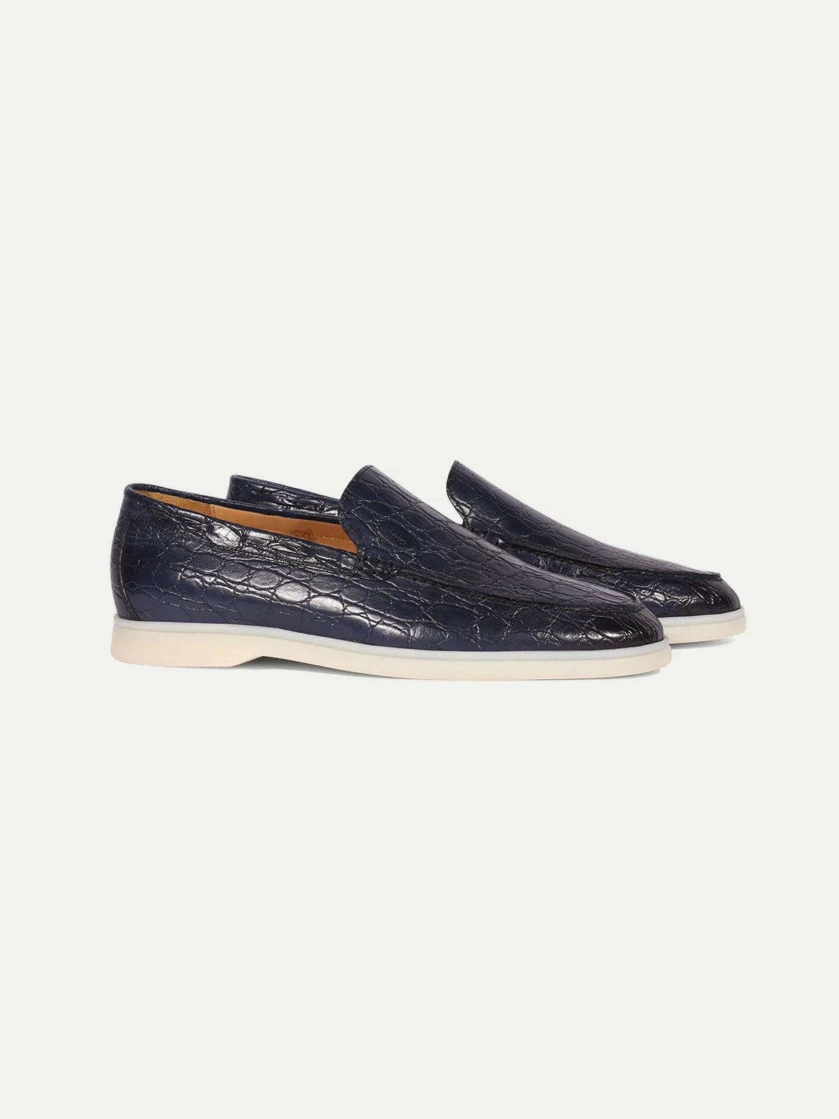 Navy Blue Croc Print Leather Athena Yatch Loafers with White Soles - Summer 2025 Collection