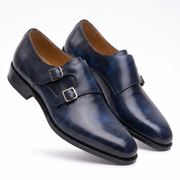 Navy Blue Double Monk Strap Leather Shoes