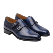 Navy Blue Double Monk Strap Leather Shoes