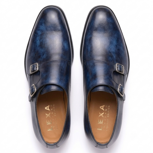 Navy Blue Double Monk Strap Leather Shoes