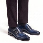 Navy Blue Double Monk Strap Leather Shoes