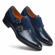 Navy Blue Double Monk Strap Leather Shoes for Men
