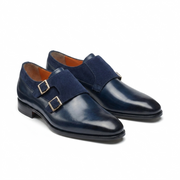 Navy Blue Double Monk Strap Leather Shoes for Men