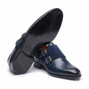 Navy Blue Double Monk Strap Leather Shoes for Men
