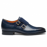Navy Blue Double Monk Strap Leather Shoes for Men