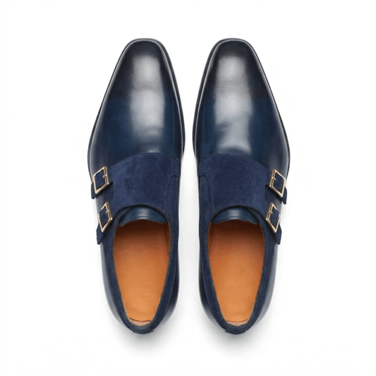 Navy Blue Double Monk Strap Leather Shoes for Men