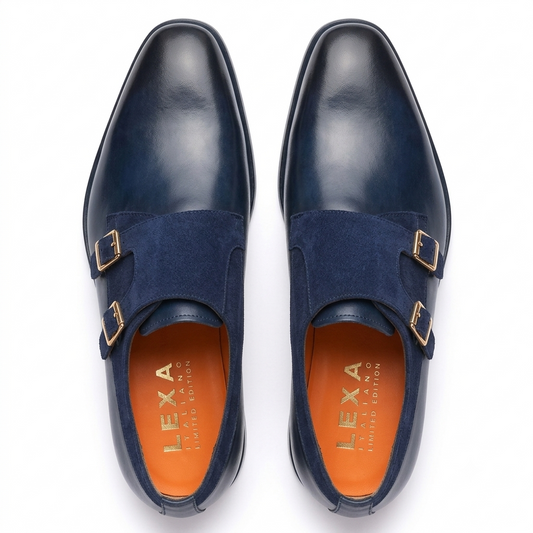 Navy Blue Double Monk Strap Leather Shoes for Men