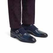 Navy Blue Double Monk Strap Leather Shoes for Men