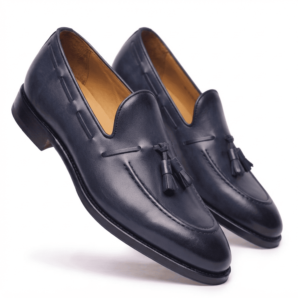 Angled view of black leather horsebit loafers showing leather upper