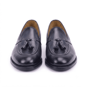 Front view of black leather horsebit loafers for men