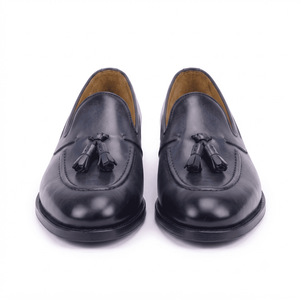 Front view of black leather horsebit loafers for men