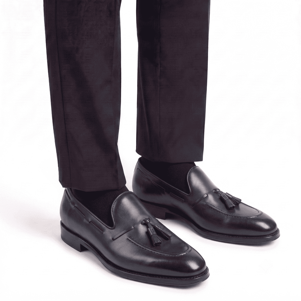 Black leather horsebit loafers worn with dark trousers