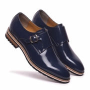Navy Blue Patent Leather Monk Strap Shoes