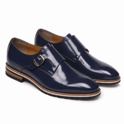 Navy Blue Patent Leather Monk Strap Shoes