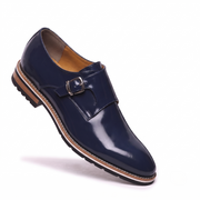 Navy Blue Patent Leather Monk Strap Shoes