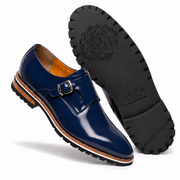 Navy Blue Patent Leather Monk Strap Shoes