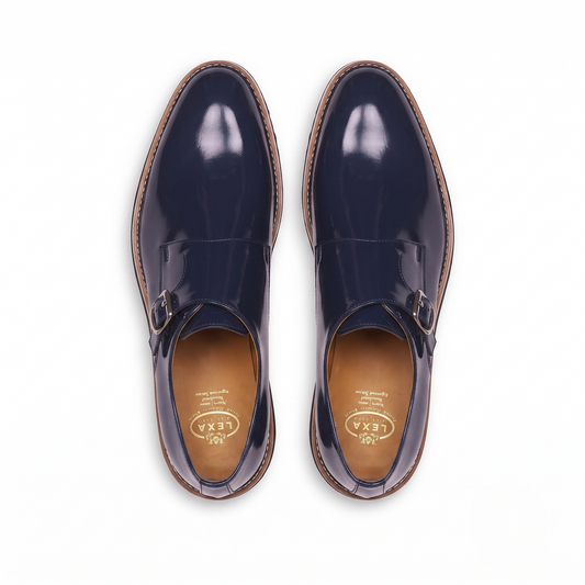 Navy Blue Patent Leather Monk Strap Shoes