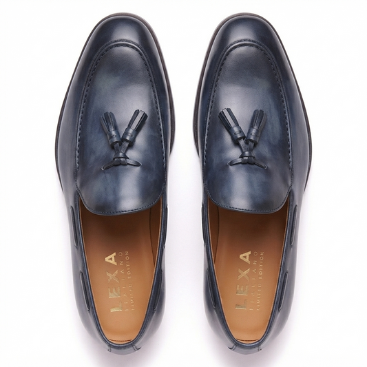 Navy Leather Tassel Loafers for Men