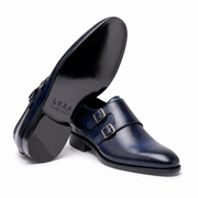 Navy Blue Double Monk Strap Leather Dress Shoes
