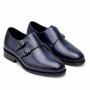 Navy Blue Double Monk Strap Leather Dress Shoes