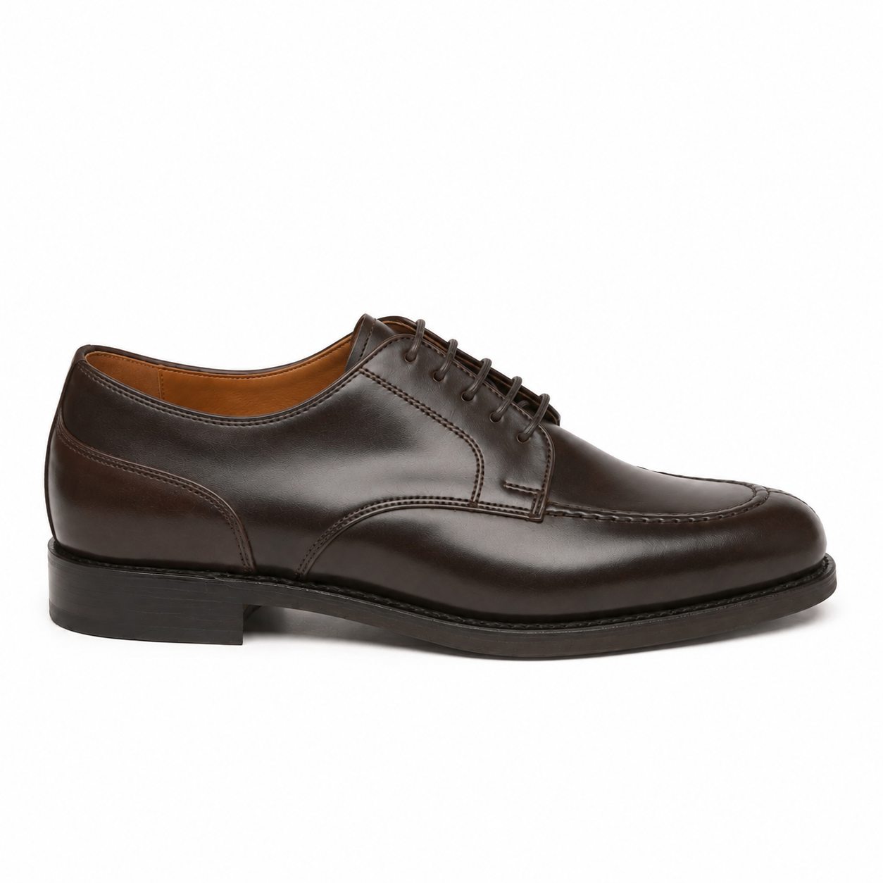 Side profile of dark brown leather Derby dress shoe