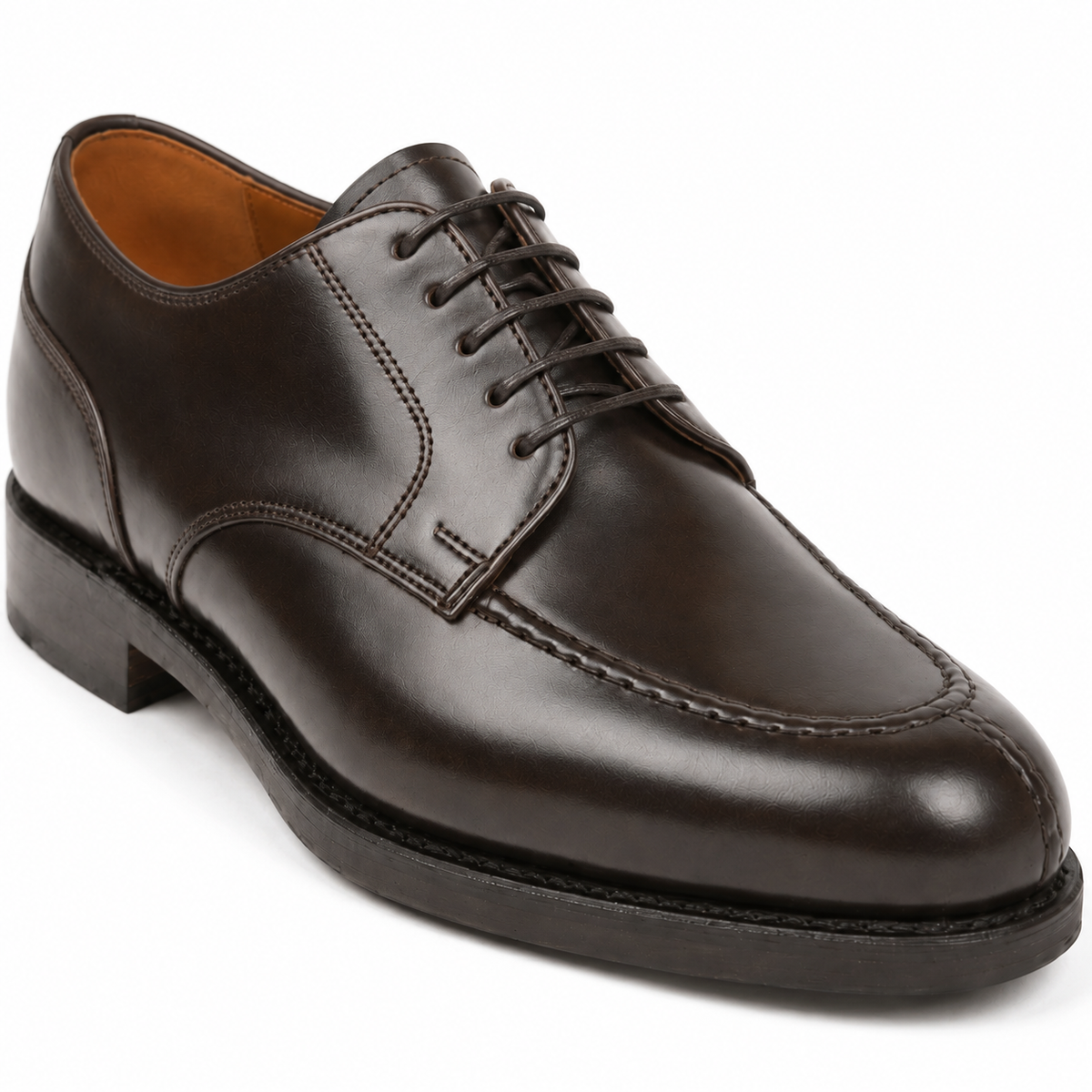 Side view of dark brown leather lace-up Derby dress shoe
