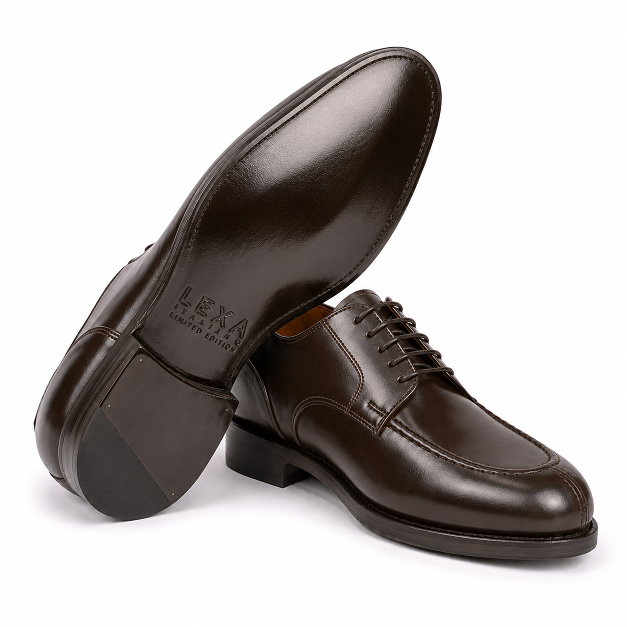 Angled view of dark brown leather Derby shoes showing the soles