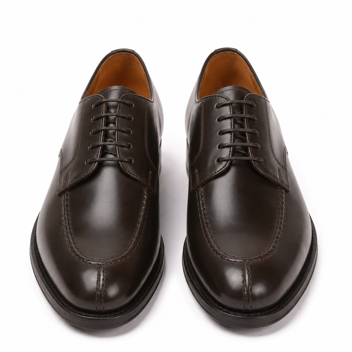 Front view of dark brown leather Derby shoes for men