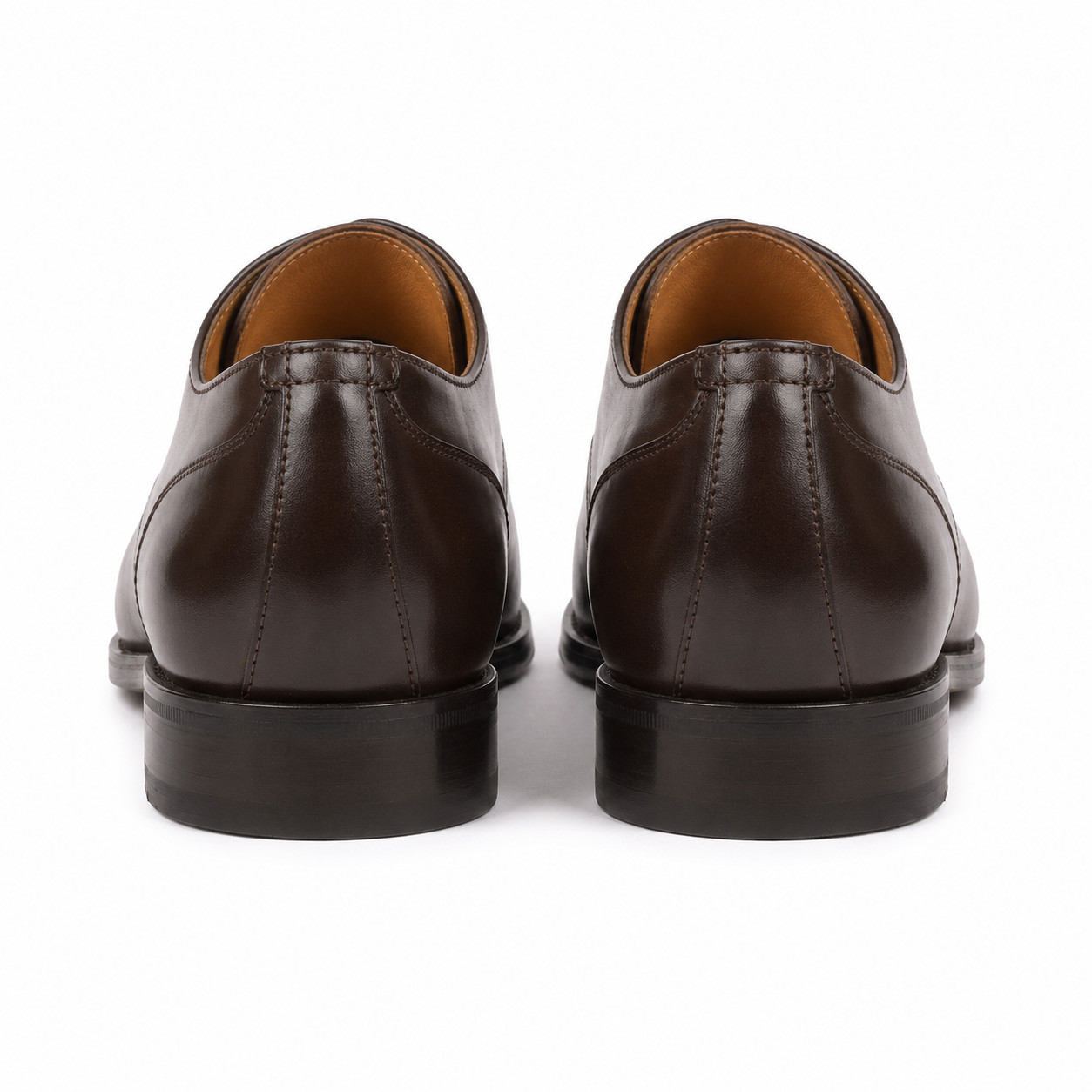 Rear view of dark brown leather Derby shoes for men