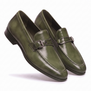 Olive Green Leather Buckle Loafers for Men