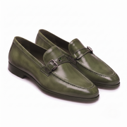 Olive Green Leather Buckle Loafers for Men