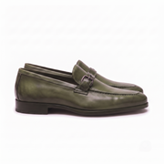 Olive Green Leather Buckle Loafers for Men