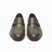 Olive Green Leather Buckle Loafers for Men