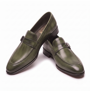 Olive Green Leather Buckle Loafers for Men