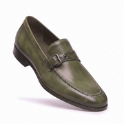 Olive Green Leather Buckle Loafers for Men