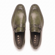 Olive Green Leather Buckle Loafers for Men