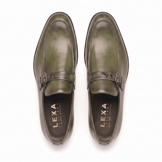Olive green leather men's double monk strap loafers viewed from above showing the double buckle straps and polished finish.