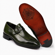 Olive Green Leather Monk Strap Loafers