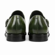 Olive Green Leather Monk Strap Loafers