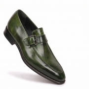Olive Green Leather Monk Strap Loafers